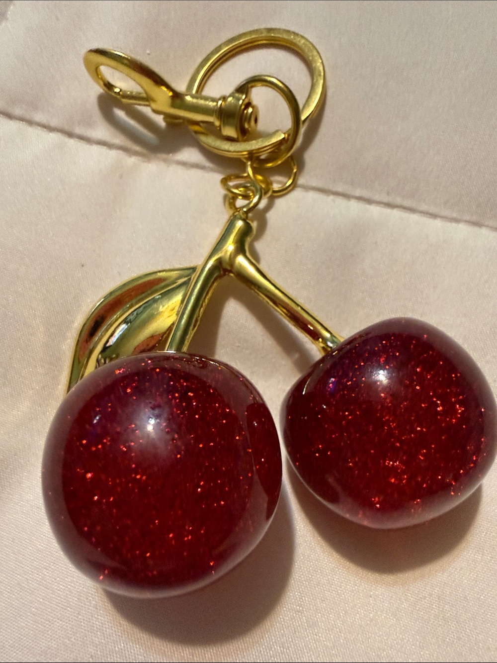 Gold Cherry Pendant Keychain with Sparkling Red Cherries